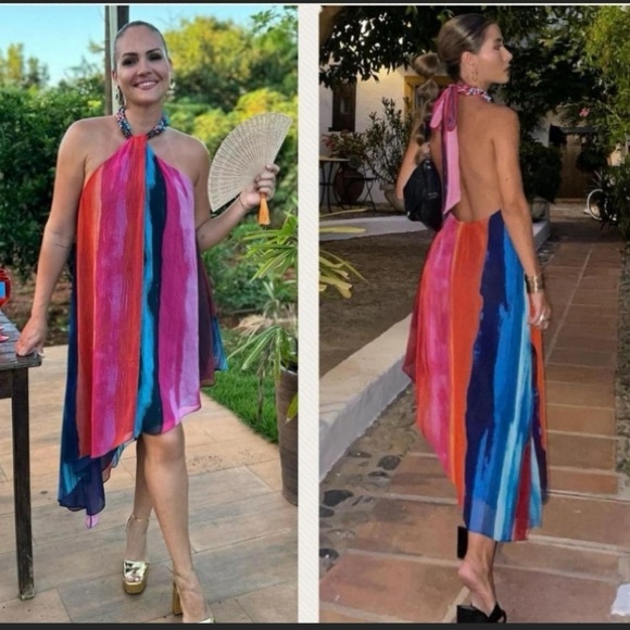 Zara Beaded Halter Multicolor Asymmetrical Dress - Picture 1 of 14